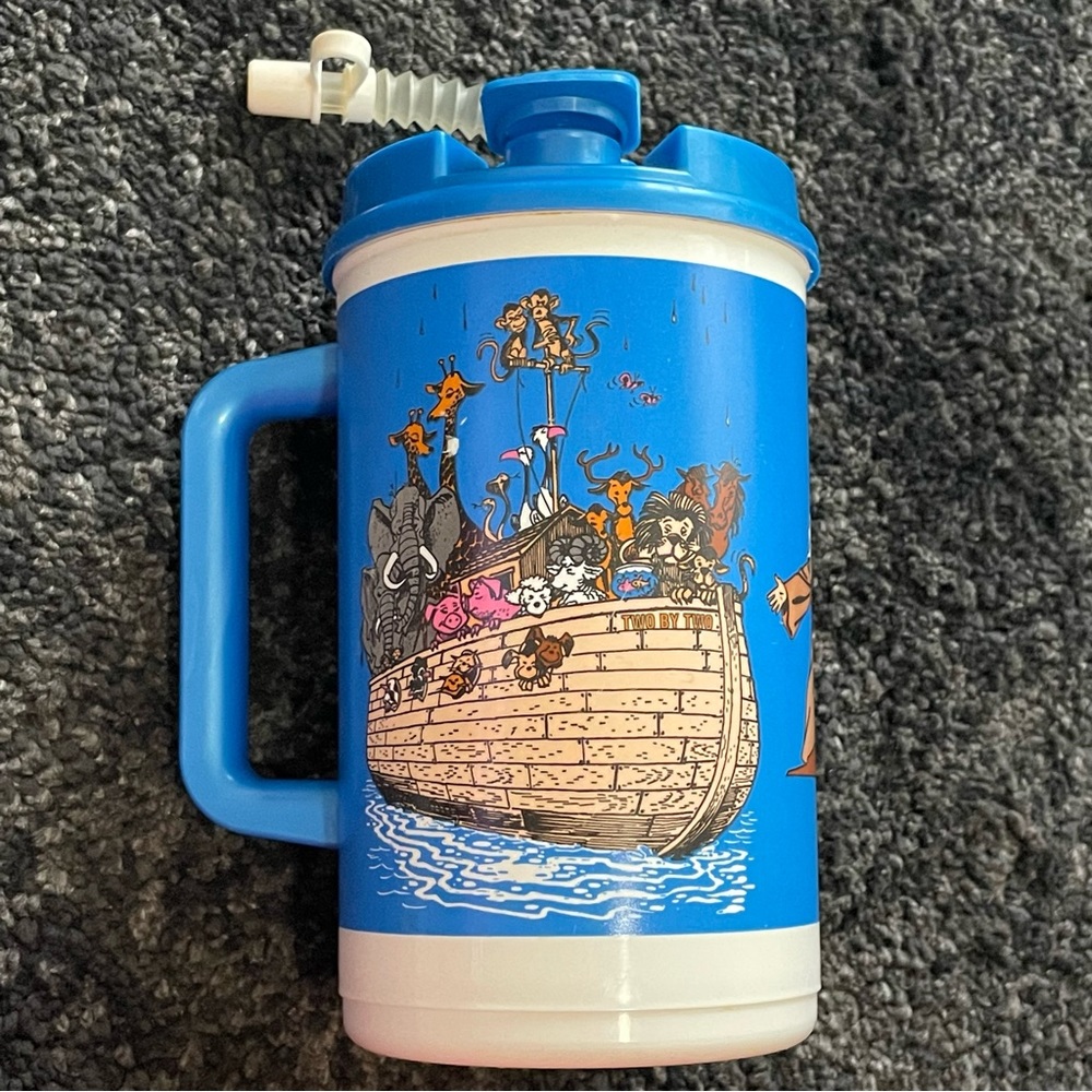 Noah’s Ark Vintage Travel Mug Thermo Whirley Religious Animal Reusable Straw